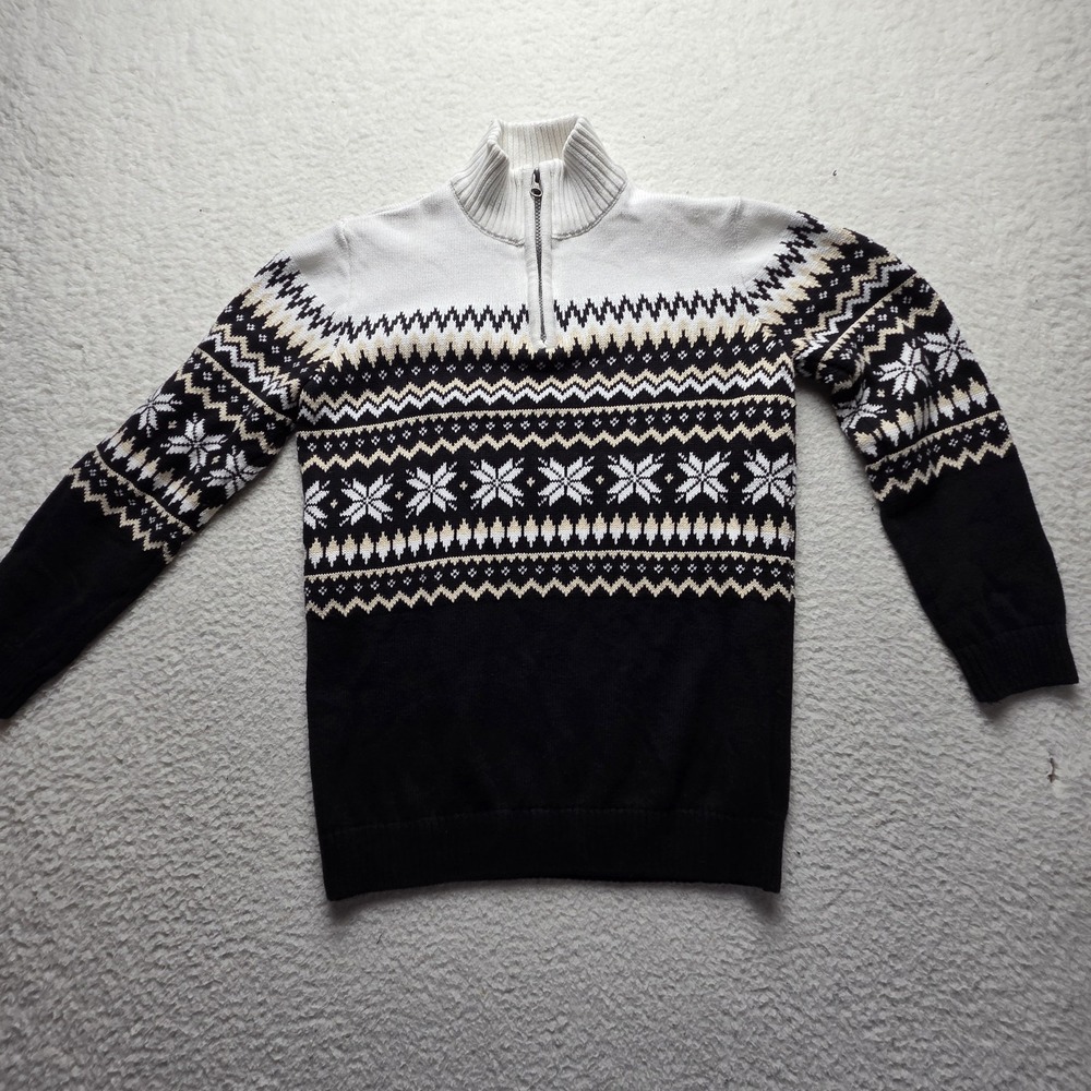 PLACE Sweater Youth 16 XXL Black Fair Isle 1/4 Zip Mock Neck Cotton Pullover